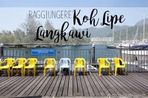 Come andare a Koh Lipe da Langkawi in Malesia Sedie gialle nella sala d’attesa all’aperto del porto di Telaga a Langkawi, da cui partono i traghetti per Koh Lipe