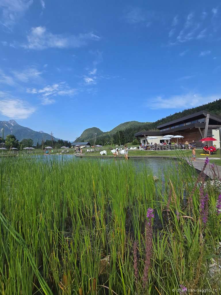 Area solarium in erba con ombrelloni e sdraio al Biolago di Camporosso