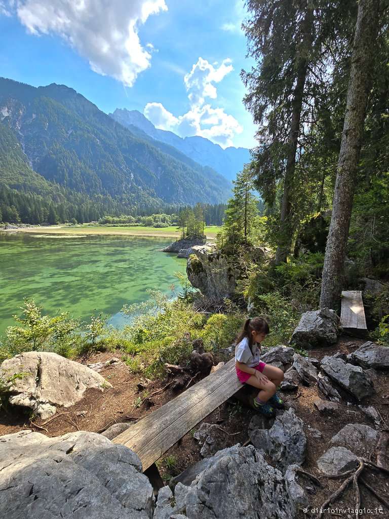 Vista sulle acque trasparenti del Lago Superiore di Fusine e la radura da picnic