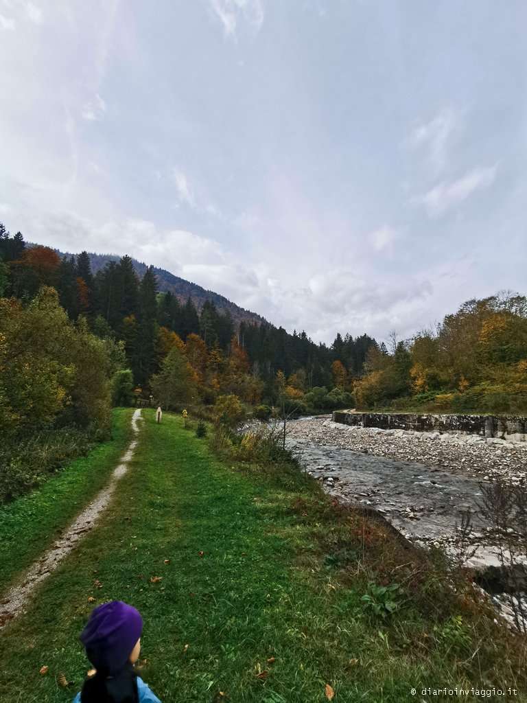 Bambini che camminano lungo il facile Sentiero degli Gnomi a Tarvisio